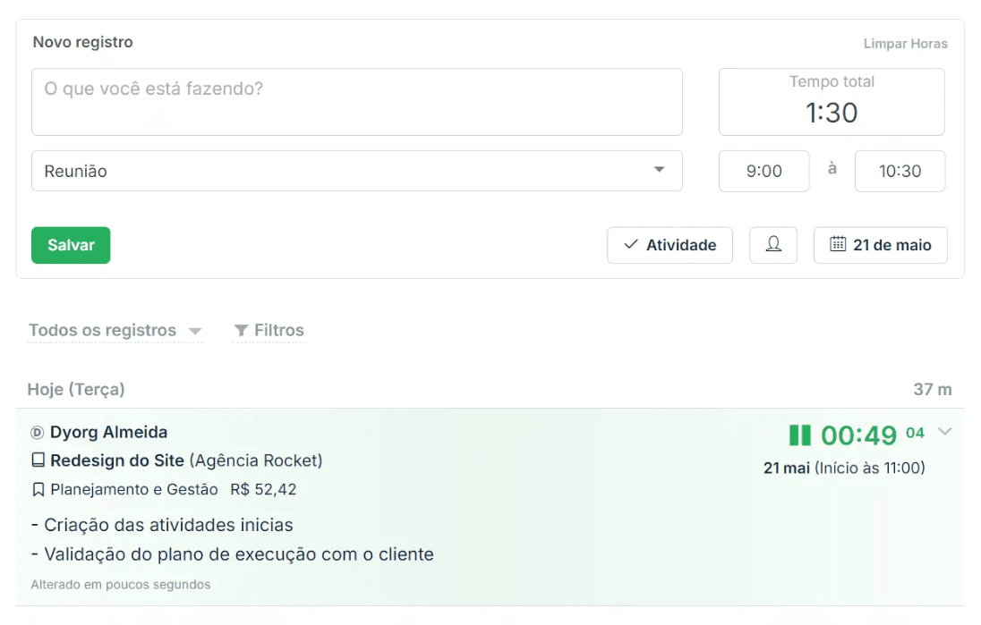 Exemplo do “Fluxo leve de apontamento” no Rabbiit — formulário de novo registro (descrição, atividade, horário e cronômetro) e, logo abaixo, um lançamento em tempo real já contabilizando 49 min para o projeto “Redesign do Site”.