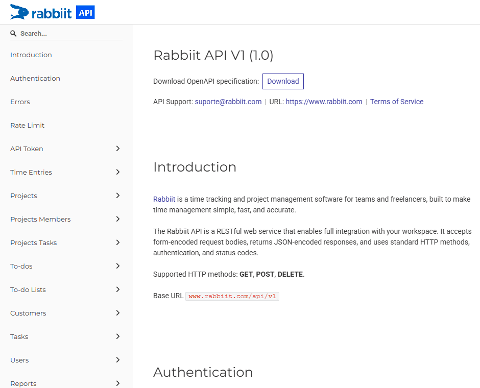 Rabbiit API documentation, with the introduction and the resource list